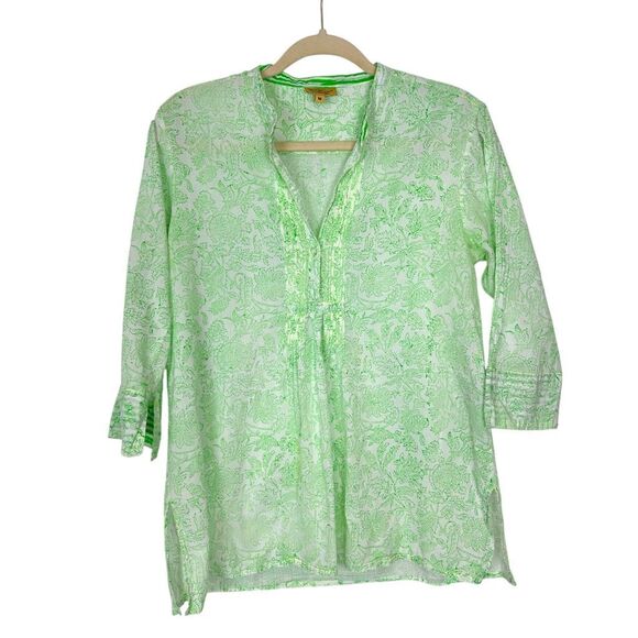 Roberta Roller Rabbit Tops - Roberta Roller Rabbit Blouse Top Womens Medium Green Floral 3/4 Sleeve Pintuck